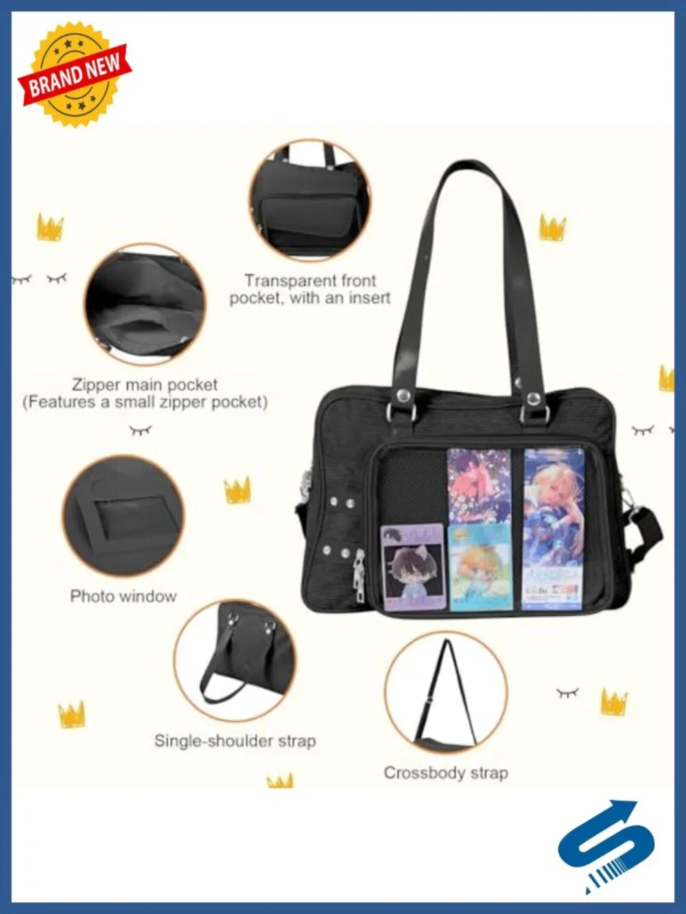 Kawaii Ita Bag Crossbody Purse with Clear Display Window Corduroy Messenger Bag